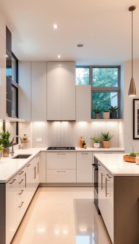 A modern, well-lit kitchen with sleek, minimalist cabinets in a muted color palette. The countertops are a cool-toned marble or quartz, complemented by brushed metal fixtures. A central island acts as the focal point, featuring a contrasting, vibrant shade of blue or green. The backsplash is a textured, geometric tile design that adds visual interest. Indirect lighting, such as recessed or under-cabinet LEDs, casts a warm glow throughout the space. Large windows allow natural light to pour in, creating a bright and airy atmosphere. Carefully curated decor, such as potted plants and modern artwork, complete the contemporary, yet inviting, aesthetic. A modern, well-lit kitchen with sleek, minimalist cabinets in a muted color palette. The countertops are a cool-toned marble or quartz, complemented by brushed metal fixtures. A central island acts as the focal point, featuring a contrasting, vibrant shade of blue or green. The backsplash is a textured, geometric tile design that adds visual interest. Indirect lighting, such as recessed or under-cabinet LEDs, casts a warm glow throughout the space. Large windows allow natural light to pour in, creating a bright and airy atmosphere. Carefully curated decor, such as potted plants and modern artwork, complete the contemporary, yet inviting, aesthetic.