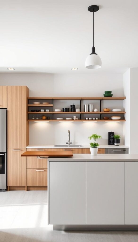 A modern, well-lit kitchen with sleek, space-saving furniture solutions. In the foreground, a multi-functional island with built-in storage cabinets and a fold-out table. In the middle ground, a wall-mounted shelving unit with neatly arranged kitchen essentials. The background features a minimalist backsplash and understated pendant lighting, creating a harmonious, efficient environment. The overall mood is one of clean, organized functionality, reflecting the key to maximizing style and function in a small kitchen space. A modern, well-lit kitchen with sleek, space-saving furniture solutions. In the foreground, a multi-functional island with built-in storage cabinets and a fold-out table. In the middle ground, a wall-mounted shelving unit with neatly arranged kitchen essentials. The background features a minimalist backsplash and understated pendant lighting, creating a harmonious, efficient environment. The overall mood is one of clean, organized functionality, reflecting the key to maximizing style and function in a small kitchen space.