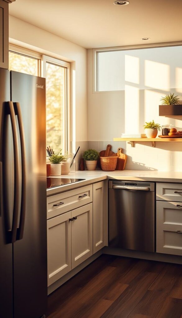 A neatly arranged kitchen, bathed in warm, natural lighting that filters through large windows. In the foreground, energy-efficient appliances gleam with sleek, modern designs - a smart refrigerator, an induction cooktop, and a quiet dishwasher. The middle ground showcases well-insulated cabinets and drawers, optimized for storage and efficient use of space. The background features strategically placed LED lighting, casting a soft, ambient glow that complements the natural sunlight. Subtle accents of wood and touches of greenery add a touch of eco-friendly elegance, creating a harmonious and sustainable kitchen environment. A neatly arranged kitchen, bathed in warm, natural lighting that filters through large windows. In the foreground, energy-efficient appliances gleam with sleek, modern designs - a smart refrigerator, an induction cooktop, and a quiet dishwasher. The middle ground showcases well-insulated cabinets and drawers, optimized for storage and efficient use of space. The background features strategically placed LED lighting, casting a soft, ambient glow that complements the natural sunlight. Subtle accents of wood and touches of greenery add a touch of eco-friendly elegance, creating a harmonious and sustainable kitchen environment.