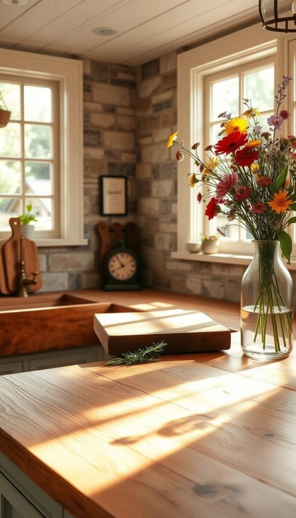 A quaint farmhouse kitchen with rustic wood countertops, weathered and worn, yet exuding a warm, inviting charm. Sunlight filters through the large windows, casting a soft glow on the natural stone backsplash and the vintage-inspired brass hardware. Scattered throughout the space are freshly picked herbs, a worn wooden cutting board, and a glass vase filled with vibrant wildflowers, creating a harmonious blend of functionality and timeless character. The overall atmosphere evokes a sense of comfort, simplicity, and a connection to the land, perfectly capturing the essence of the farmhouse kitchen aesthetic. A quaint farmhouse kitchen with rustic wood countertops, weathered and worn, yet exuding a warm, inviting charm. Sunlight filters through the large windows, casting a soft glow on the natural stone backsplash and the vintage-inspired brass hardware. Scattered throughout the space are freshly picked herbs, a worn wooden cutting board, and a glass vase filled with vibrant wildflowers, creating a harmonious blend of functionality and timeless character. The overall atmosphere evokes a sense of comfort, simplicity, and a connection to the land, perfectly capturing the essence of the farmhouse kitchen aesthetic.