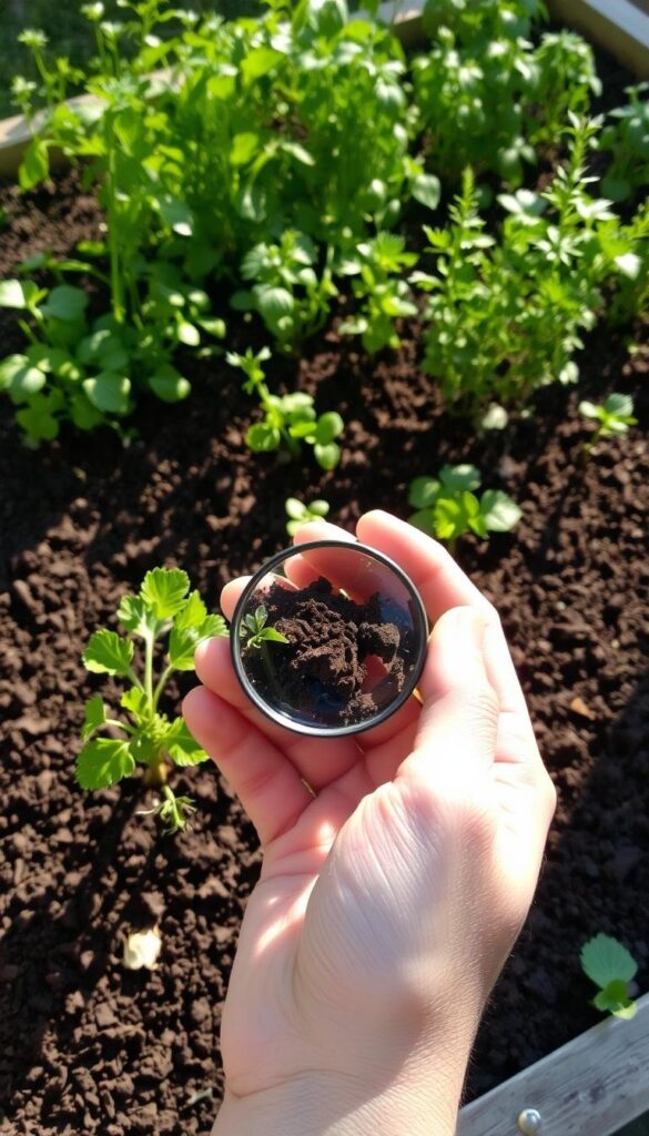 A raised garden bed filled with rich, dark soil. Sunlight filters through the leaves of various herbs, casting dappled shadows. In the foreground, a hand holds a soil sample, inspecting it closely. Magnifying glass in hand, the gardener carefully examines the texture and color of the earth, gauging its health and fertility. In the background, a variety of herb seedlings await transplantation, their verdant leaves swaying gently. The scene conveys a sense of calm, focused attention as the gardener prepares the ground for a thriving herb garden. A raised garden bed filled with rich, dark soil. Sunlight filters through the leaves of various herbs, casting dappled shadows. In the foreground, a hand holds a soil sample, inspecting it closely. Magnifying glass in hand, the gardener carefully examines the texture and color of the earth, gauging its health and fertility. In the background, a variety of herb seedlings await transplantation, their verdant leaves swaying gently. The scene conveys a sense of calm, focused attention as the gardener prepares the ground for a thriving herb garden.