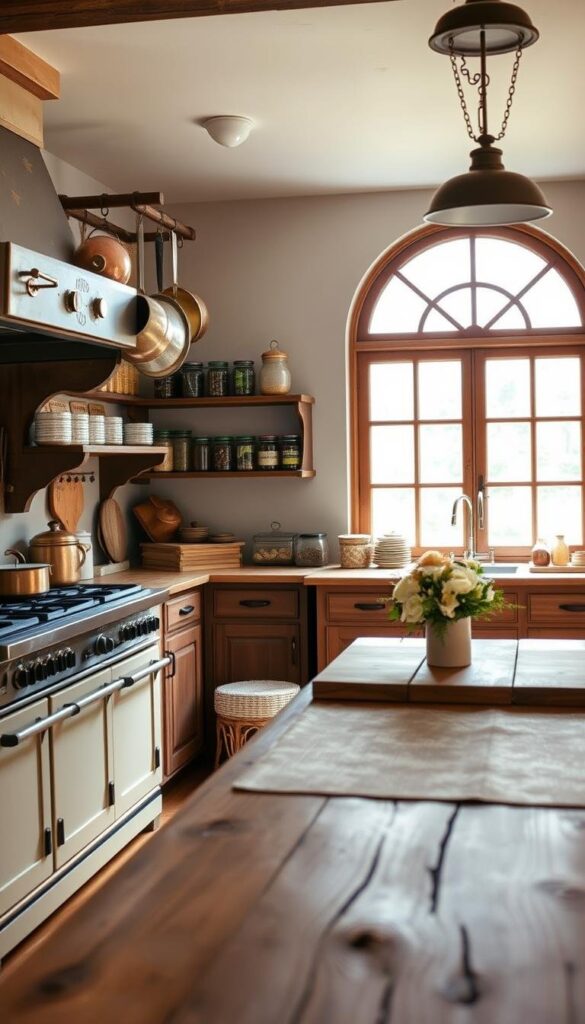 A rustic farmhouse kitchen with a warm, inviting atmosphere. The foreground features a vintage-inspired stove, oven, and range hood in a muted, earthy palette. Copper pots and pans hang from a wooden rack above the stove, casting a soft glow. In the middle ground, a farmhouse-style wooden table is accented with a simple, floral centerpiece. The background showcases antique cabinetry, shelves filled with jars and mason jars, and a large, arched window that allows natural light to pour in, creating a cozy, homey ambiance. The lighting is a mix of natural and soft, complementing the overall farmhouse aesthetic. A rustic farmhouse kitchen with a warm, inviting atmosphere. The foreground features a vintage-inspired stove, oven, and range hood in a muted, earthy palette. Copper pots and pans hang from a wooden rack above the stove, casting a soft glow. In the middle ground, a farmhouse-style wooden table is accented with a simple, floral centerpiece. The background showcases antique cabinetry, shelves filled with jars and mason jars, and a large, arched window that allows natural light to pour in, creating a cozy, homey ambiance. The lighting is a mix of natural and soft, complementing the overall farmhouse aesthetic.