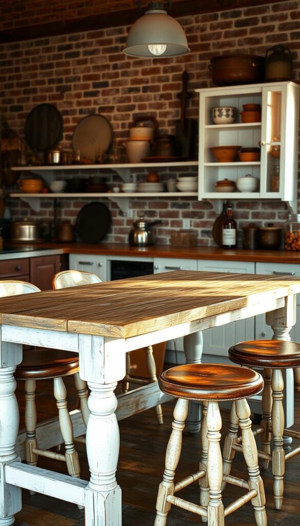 A rustic farmhouse kitchen with a weathered wooden table, complemented by vintage stools with distressed leather seats. The table is illuminated by warm, soft lighting, casting a cozy glow over the scene. In the background, a brick wall adds texture and a touch of industrial charm, while simple white shelves display an assortment of vintage cookware and decorative elements. The overall atmosphere is one of timeless, inviting charm, perfect for a family gathering or a casual meal. A rustic farmhouse kitchen with a weathered wooden table, complemented by vintage stools with distressed leather seats. The table is illuminated by warm, soft lighting, casting a cozy glow over the scene. In the background, a brick wall adds texture and a touch of industrial charm, while simple white shelves display an assortment of vintage cookware and decorative elements. The overall atmosphere is one of timeless, inviting charm, perfect for a family gathering or a casual meal.