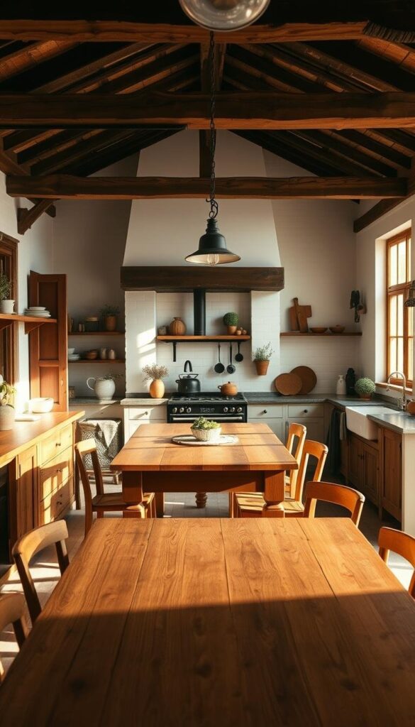 A rustic farmhouse kitchen with an inviting and natural ambiance. The foreground features a large wooden farmhouse table surrounded by simple wooden chairs, with an open shelving system displaying a mix of earthenware, potted plants, and natural-toned decor. Sunlight streams in through large windows, casting a warm glow on the space. The middle ground showcases a vintage-inspired wood-burning stove, complemented by exposed wooden beams and whitewashed walls. In the background, a glimpse of a traditional farmhouse sink and an antique-style pendant light fixture add to the cozy, timeless atmosphere. The overall palette is earthy and organic, with natural materials like wood, stone, and linen creating a harmonious and inviting cooking space. A rustic farmhouse kitchen with an inviting and natural ambiance. The foreground features a large wooden farmhouse table surrounded by simple wooden chairs, with an open shelving system displaying a mix of earthenware, potted plants, and natural-toned decor. Sunlight streams in through large windows, casting a warm glow on the space. The middle ground showcases a vintage-inspired wood-burning stove, complemented by exposed wooden beams and whitewashed walls. In the background, a glimpse of a traditional farmhouse sink and an antique-style pendant light fixture add to the cozy, timeless atmosphere. The overall palette is earthy and organic, with natural materials like wood, stone, and linen creating a harmonious and inviting cooking space.