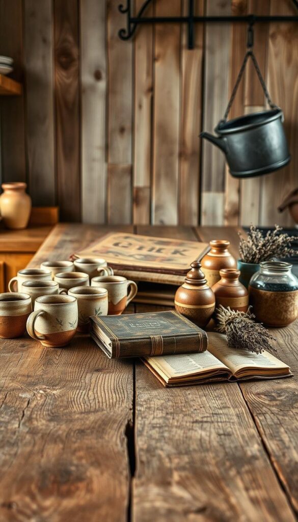 A rustic kitchen countertop made of weathered, rough-hewn wood planks, with a distressed finish. In the foreground, an assortment of earthy, handcrafted ceramic mugs, bowls, and jars arranged artfully. In the middle ground, a worn, leather-bound cookbook and a bundle of dried herbs or spices. The background features a wall of reclaimed wood paneling, with a vintage, cast-iron pot hanging on a wrought-iron rack. The lighting is soft and natural, creating a warm, inviting atmosphere. Captured with a wide-angle lens to showcase the textural details and the overall rustic aesthetic. A rustic kitchen countertop made of weathered, rough-hewn wood planks, with a distressed finish. In the foreground, an assortment of earthy, handcrafted ceramic mugs, bowls, and jars arranged artfully. In the middle ground, a worn, leather-bound cookbook and a bundle of dried herbs or spices. The background features a wall of reclaimed wood paneling, with a vintage, cast-iron pot hanging on a wrought-iron rack. The lighting is soft and natural, creating a warm, inviting atmosphere. Captured with a wide-angle lens to showcase the textural details and the overall rustic aesthetic.