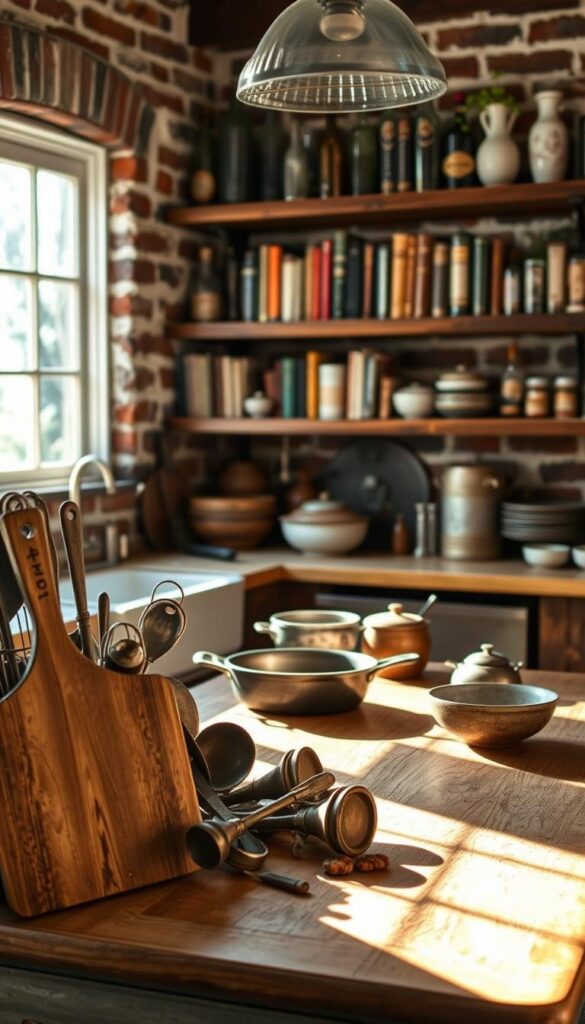 A rustic, well-worn cooking space, illuminated by warm, natural light filtering through a large window. In the foreground, a wooden cutting board and a set of weathered metal cooking utensils, arranged with care. In the middle ground, a vintage, cast-iron skillet rests on a sturdy, oak farmhouse table, surrounded by earthy ceramic bowls and jars. The background features exposed brick walls, complemented by shelves displaying an eclectic collection of antique cookbooks and glass bottles. The overall atmosphere is one of simple, timeless elegance, inviting the viewer to imagine the delicious, homemade meals that have been prepared in this harmonious, natural setting. A rustic, well-worn cooking space, illuminated by warm, natural light filtering through a large window. In the foreground, a wooden cutting board and a set of weathered metal cooking utensils, arranged with care. In the middle ground, a vintage, cast-iron skillet rests on a sturdy, oak farmhouse table, surrounded by earthy ceramic bowls and jars. The background features exposed brick walls, complemented by shelves displaying an eclectic collection of antique cookbooks and glass bottles. The overall atmosphere is one of simple, timeless elegance, inviting the viewer to imagine the delicious, homemade meals that have been prepared in this harmonious, natural setting.