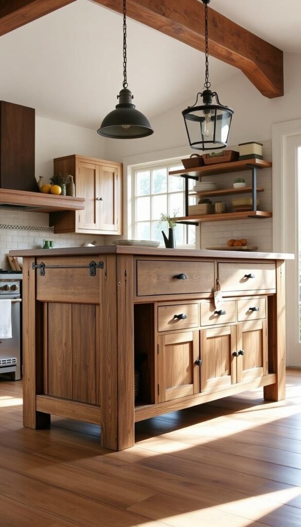 A rustic, well-worn kitchen island stands as the centerpiece of this cozy, farmhouse-inspired kitchen. Crafted from reclaimed wood with a distressed finish, the island features ample storage space in the form of drawers and shelves, perfect for housing kitchen essentials. Soft, natural lighting filters in through large windows, casting a warm glow over the room. The island's sturdy, weathered legs are complemented by wrought-iron hardware, lending an authentic, time-worn aesthetic. Rustic accents, such as a vintage-inspired pendant lamp and a tiled backsplash, complete the inviting, functional space. A rustic, well-worn kitchen island stands as the centerpiece of this cozy, farmhouse-inspired kitchen. Crafted from reclaimed wood with a distressed finish, the island features ample storage space in the form of drawers and shelves, perfect for housing kitchen essentials. Soft, natural lighting filters in through large windows, casting a warm glow over the room. The island's sturdy, weathered legs are complemented by wrought-iron hardware, lending an authentic, time-worn aesthetic. Rustic accents, such as a vintage-inspired pendant lamp and a tiled backsplash, complete the inviting, functional space.
