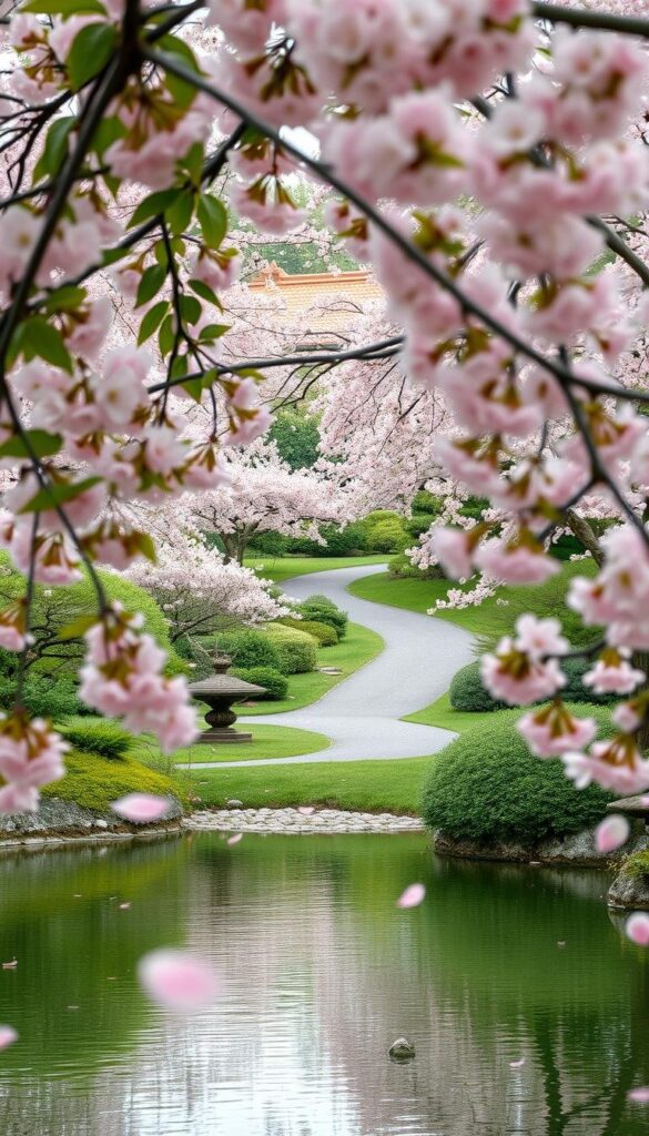A serene Japanese garden, adorned with the gentle blossoms of cherry trees. The foreground features a tranquil pond, its surface reflecting the delicate pink petals that dance on the gentle breeze. In the middle ground, a winding path meanders through lush greenery, inviting the viewer to explore the harmonious landscape. The background is framed by the soft, billowing shapes of the cherry trees, their branches laden with clusters of vibrant blooms that glow warmly under the diffused natural lighting. The overall composition conveys a sense of peace, balance, and the timeless beauty of Japanese garden design. A serene Japanese garden, adorned with the gentle blossoms of cherry trees. The foreground features a tranquil pond, its surface reflecting the delicate pink petals that dance on the gentle breeze. In the middle ground, a winding path meanders through lush greenery, inviting the viewer to explore the harmonious landscape. The background is framed by the soft, billowing shapes of the cherry trees, their branches laden with clusters of vibrant blooms that glow warmly under the diffused natural lighting. The overall composition conveys a sense of peace, balance, and the timeless beauty of Japanese garden design.