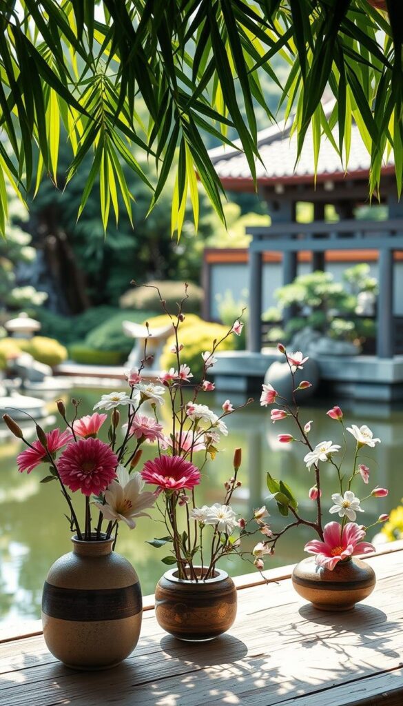 A serene Japanese garden with a tranquil pond and a traditional bamboo arbor. In the foreground, delicate ikebana flower arrangements in vases made of natural materials, showcasing the harmonious balance and asymmetry of chrysanthemums, lilies, and cherry blossoms. Soft natural lighting filters through the bamboo leaves, casting gentle shadows on the carefully composed displays. The background features a pagoda-style architectural element and lush, verdant foliage, creating a sense of timeless elegance and cultural heritage. A serene Japanese garden with a tranquil pond and a traditional bamboo arbor. In the foreground, delicate ikebana flower arrangements in vases made of natural materials, showcasing the harmonious balance and asymmetry of chrysanthemums, lilies, and cherry blossoms. Soft natural lighting filters through the bamboo leaves, casting gentle shadows on the carefully composed displays. The background features a pagoda-style architectural element and lush, verdant foliage, creating a sense of timeless elegance and cultural heritage.