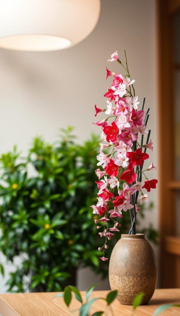 A serene Japanese ikebana arrangement showcasing the natural beauty of vibrant flowers. In the foreground, a sculptural display of delicate blooms in shades of pink, red, and white cascade gracefully from a simple ceramic vase. The middle ground features lush, verdant foliage that frames the arrangement, accentuating the harmony of the composition. The background is softly blurred, allowing the viewer to focus on the exquisite details of the ikebana. Gentle, diffused lighting from an overhead source casts a warm, natural glow, highlighting the textures and colors of the flowers. The overall mood is one of tranquility, balance, and the appreciation of nature's artistry. A serene Japanese ikebana arrangement showcasing the natural beauty of vibrant flowers. In the foreground, a sculptural display of delicate blooms in shades of pink, red, and white cascade gracefully from a simple ceramic vase. The middle ground features lush, verdant foliage that frames the arrangement, accentuating the harmony of the composition. The background is softly blurred, allowing the viewer to focus on the exquisite details of the ikebana. Gentle, diffused lighting from an overhead source casts a warm, natural glow, highlighting the textures and colors of the flowers. The overall mood is one of tranquility, balance, and the appreciation of nature's artistry.