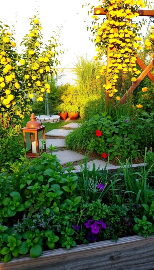 A serene herb garden layout, filled with lush foliage and vibrant colors. In the foreground, a neatly arranged raised planter bed overflows with fragrant basil, thyme, and rosemary. The middle ground showcases a stone path winding through a mix of leafy parsley, chives, and oregano, gently illuminated by the soft, warm glow of a vintage-style lantern. In the background, a wooden trellis supports the climbing vines of peppery nasturtiums, their yellow and orange blossoms adding a vibrant pop of color. The scene is bathed in the golden hour light, casting long shadows and creating a peaceful, inviting atmosphere for the flourishing herb garden. A serene herb garden layout, filled with lush foliage and vibrant colors. In the foreground, a neatly arranged raised planter bed overflows with fragrant basil, thyme, and rosemary. The middle ground showcases a stone path winding through a mix of leafy parsley, chives, and oregano, gently illuminated by the soft, warm glow of a vintage-style lantern. In the background, a wooden trellis supports the climbing vines of peppery nasturtiums, their yellow and orange blossoms adding a vibrant pop of color. The scene is bathed in the golden hour light, casting long shadows and creating a peaceful, inviting atmosphere for the flourishing herb garden.