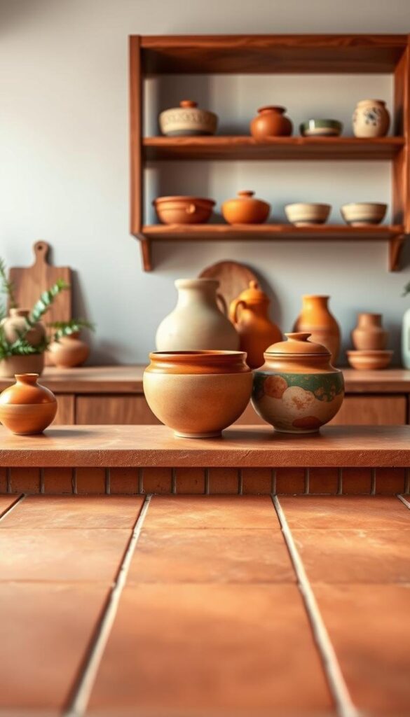 A serene kitchen countertop showcases an earthy color palette of warm neutrals. In the foreground, matte terracotta tiles in a rich, russet hue create a tactile foundation. Atop the counter, an assortment of earthenware pottery in complementary shades of ochre, sage, and amber are artfully arranged. Soft lighting from overhead casts a gentle glow, highlighting the organic textures and hues. In the background, a wooden shelving unit displays more pottery pieces, echoing the earthy theme throughout the space. The overall mood is one of natural harmony and tranquility, inviting the viewer to imagine preparing a nourishing meal in this harmonious cooking sanctuary. A serene kitchen countertop showcases an earthy color palette of warm neutrals. In the foreground, matte terracotta tiles in a rich, russet hue create a tactile foundation. Atop the counter, an assortment of earthenware pottery in complementary shades of ochre, sage, and amber are artfully arranged. Soft lighting from overhead casts a gentle glow, highlighting the organic textures and hues. In the background, a wooden shelving unit displays more pottery pieces, echoing the earthy theme throughout the space. The overall mood is one of natural harmony and tranquility, inviting the viewer to imagine preparing a nourishing meal in this harmonious cooking sanctuary.