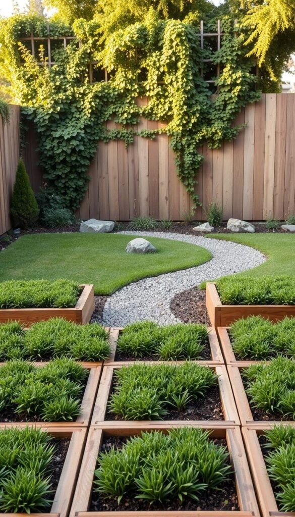 A simple, minimalist garden layout with clean lines and a harmonious composition. In the foreground, a neatly arranged grid of raised garden beds, their wooden frames contrasting with the lush, verdant soil. In the middle ground, a winding gravel path leads the eye through the space, flanked by low-growing groundcover plants and strategically placed boulders. The background features a wooden fence or trellis, partially obscured by the lush foliage of climbing vines, creating a sense of depth and enclosure. The scene is bathed in warm, soft lighting, lending a serene, contemplative atmosphere. The overall impression is one of a well-organized, thoughtfully designed garden, inviting the viewer to imagine the possibilities of their own outdoor sanctuary. A simple, minimalist garden layout with clean lines and a harmonious composition. In the foreground, a neatly arranged grid of raised garden beds, their wooden frames contrasting with the lush, verdant soil. In the middle ground, a winding gravel path leads the eye through the space, flanked by low-growing groundcover plants and strategically placed boulders. The background features a wooden fence or trellis, partially obscured by the lush foliage of climbing vines, creating a sense of depth and enclosure. The scene is bathed in warm, soft lighting, lending a serene, contemplative atmosphere. The overall impression is one of a well-organized, thoughtfully designed garden, inviting the viewer to imagine the possibilities of their own outdoor sanctuary.