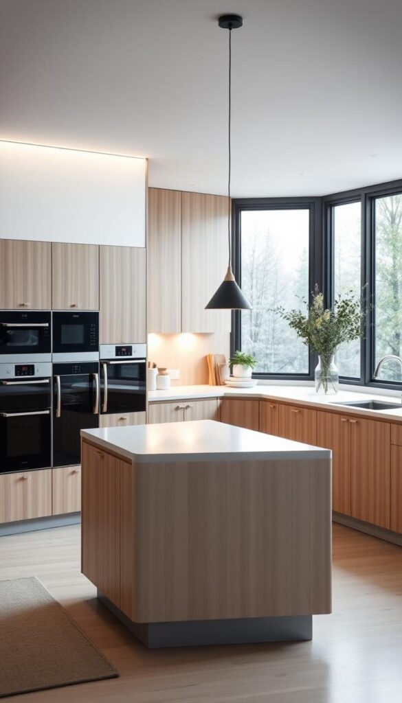 A sleek, functional Scandinavian-style space kitchen with clean lines and a minimalist aesthetic. A central island with a smooth, light-colored countertop dominates the foreground, surrounded by modern, built-in appliances and streamlined cabinetry in natural wood tones. Indirect lighting casts a warm, cozy glow, while large windows in the background let in plenty of natural daylight, creating a bright and airy atmosphere. The space is uncluttered and organized, showcasing the essential features of Scandinavian kitchen design - simplicity, functionality, and a focus on high-quality materials and craftsmanship. A sleek, functional Scandinavian-style space kitchen with clean lines and a minimalist aesthetic. A central island with a smooth, light-colored countertop dominates the foreground, surrounded by modern, built-in appliances and streamlined cabinetry in natural wood tones. Indirect lighting casts a warm, cozy glow, while large windows in the background let in plenty of natural daylight, creating a bright and airy atmosphere. The space is uncluttered and organized, showcasing the essential features of Scandinavian kitchen design - simplicity, functionality, and a focus on high-quality materials and craftsmanship.