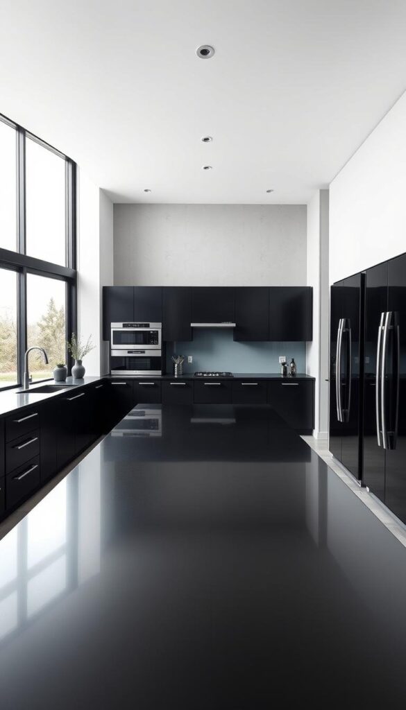 A sleek, modern black kitchen layout with a clean, minimalist design. The foreground features a large, central island with a glossy black countertop, complemented by matte black cabinetry and high-end stainless steel appliances. The middle ground showcases an open, airy layout with abundant natural light streaming in through floor-to-ceiling windows, creating a bright and inviting atmosphere. In the background, a subtle texture on the walls adds depth and character to the space, while the overall monochromatic palette exudes a sophisticated and elegant ambiance. The image is captured with a wide-angle lens, emphasizing the spaciousness and functionality of the kitchen design. A sleek, modern black kitchen layout with a clean, minimalist design. The foreground features a large, central island with a glossy black countertop, complemented by matte black cabinetry and high-end stainless steel appliances. The middle ground showcases an open, airy layout with abundant natural light streaming in through floor-to-ceiling windows, creating a bright and inviting atmosphere. In the background, a subtle texture on the walls adds depth and character to the space, while the overall monochromatic palette exudes a sophisticated and elegant ambiance. The image is captured with a wide-angle lens, emphasizing the spaciousness and functionality of the kitchen design.