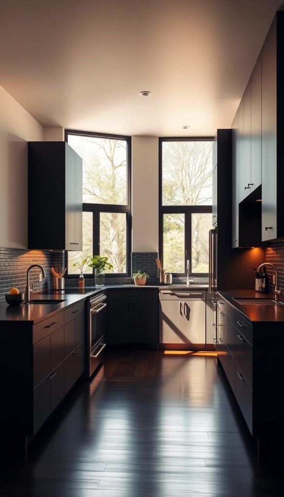 A sleek, modern black kitchen with matte, minimalist cabinets. The space is bathed in warm, soft lighting, creating a cozy and inviting atmosphere. The countertops are made of a dark, rich material, complementing the cabinets perfectly. The backsplash features a subtle, textured pattern, adding depth and interest to the design. Large windows allow natural light to flood the room, creating a bright and airy feel. Stainless steel appliances gleam, seamlessly integrated into the overall aesthetic. The floor is a dark, hardwood, providing a solid foundation for the room. The layout is efficient and well-thought-out, with a central island serving as the heart of the kitchen. The overall impression is one of sophistication, elegance, and timeless style. A sleek, modern black kitchen with matte, minimalist cabinets. The space is bathed in warm, soft lighting, creating a cozy and inviting atmosphere. The countertops are made of a dark, rich material, complementing the cabinets perfectly. The backsplash features a subtle, textured pattern, adding depth and interest to the design. Large windows allow natural light to flood the room, creating a bright and airy feel. Stainless steel appliances gleam, seamlessly integrated into the overall aesthetic. The floor is a dark, hardwood, providing a solid foundation for the room. The layout is efficient and well-thought-out, with a central island serving as the heart of the kitchen. The overall impression is one of sophistication, elegance, and timeless style.