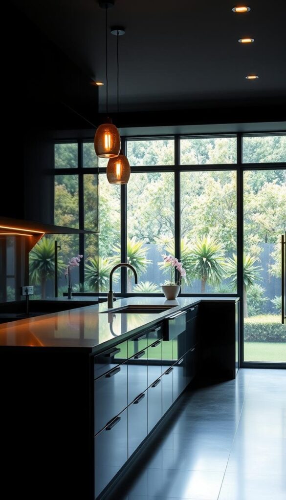 A sleek, modern black kitchen with minimalist cabinets and high-gloss finishes. The rich, dark tones create a sophisticated ambiance, accentuated by warm pendant lighting that casts a soft glow. Elegant quartz countertops reflect the light, while a large window overlooking a lush garden provides a beautiful natural backdrop. The layout is streamlined and efficient, with clean lines and a seamless integration of appliances. This kitchen exudes a sense of timeless elegance and understated luxury, making it the perfect centerpiece for a stunning black design scheme. A sleek, modern black kitchen with minimalist cabinets and high-gloss finishes. The rich, dark tones create a sophisticated ambiance, accentuated by warm pendant lighting that casts a soft glow. Elegant quartz countertops reflect the light, while a large window overlooking a lush garden provides a beautiful natural backdrop. The layout is streamlined and efficient, with clean lines and a seamless integration of appliances. This kitchen exudes a sense of timeless elegance and understated luxury, making it the perfect centerpiece for a stunning black design scheme.