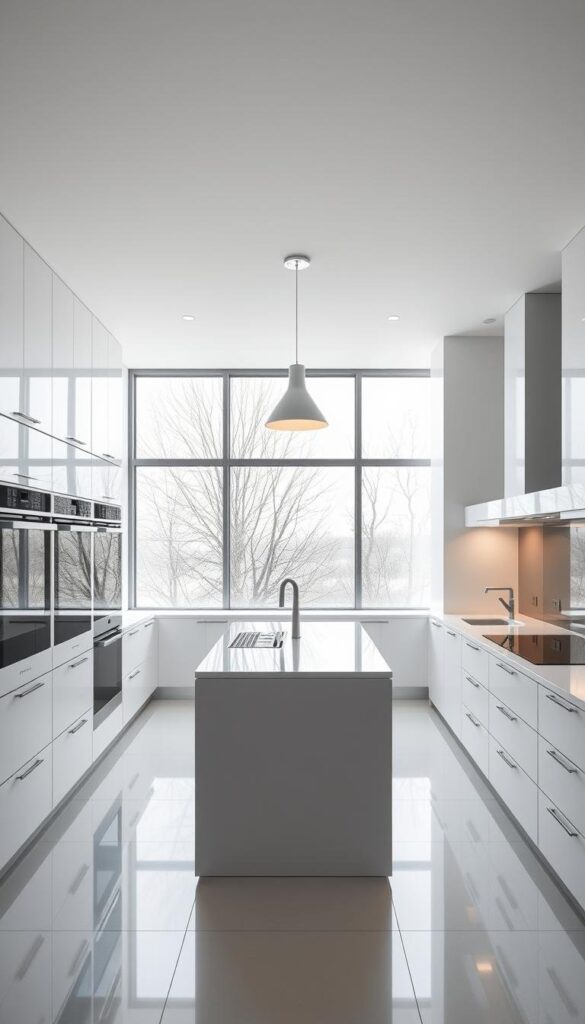 A sleek, modern kitchen with integrated appliances, featuring a clean and minimalist design. The layout showcases a central island with a smooth, glossy countertop, surrounded by a seamless array of built-in ovens, cooktops, and dishwashers. Abundant natural light floods the space through large, floor-to-ceiling windows, highlighting the monochromatic palette of white cabinetry and stainless steel accents. Subtle task lighting and a modern pendant fixture illuminate the scene, creating a warm and inviting atmosphere. The overall impression is one of efficiency, sophistication, and a harmonious integration of functionality and aesthetics. A sleek, modern kitchen with integrated appliances, featuring a clean and minimalist design. The layout showcases a central island with a smooth, glossy countertop, surrounded by a seamless array of built-in ovens, cooktops, and dishwashers. Abundant natural light floods the space through large, floor-to-ceiling windows, highlighting the monochromatic palette of white cabinetry and stainless steel accents. Subtle task lighting and a modern pendant fixture illuminate the scene, creating a warm and inviting atmosphere. The overall impression is one of efficiency, sophistication, and a harmonious integration of functionality and aesthetics.