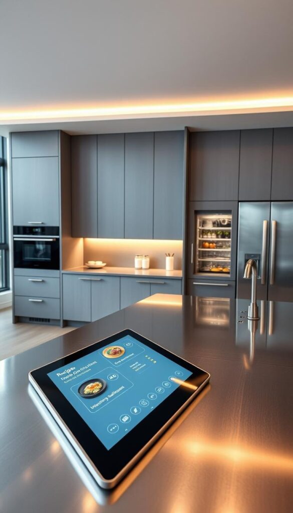 A sleek, modern kitchen with state-of-the-art smart technology. In the foreground, a large touchscreen display seamlessly integrated into the stainless steel countertop, showcasing recipe instructions and voice-controlled smart home features. Overhead, discreet LED lighting casts a warm glow, while in the background, high-end appliances such as a smart oven and refrigerator with AI-powered inventory management are subtly visible. The layout is open and airy, with clean lines and minimalist cabinetry in a muted gray palette. The room is bathed in natural light from large, floor-to-ceiling windows, creating a bright and inviting atmosphere that blends form and function in a visually striking manner. A sleek, modern kitchen with state-of-the-art smart technology. In the foreground, a large touchscreen display seamlessly integrated into the stainless steel countertop, showcasing recipe instructions and voice-controlled smart home features. Overhead, discreet LED lighting casts a warm glow, while in the background, high-end appliances such as a smart oven and refrigerator with AI-powered inventory management are subtly visible. The layout is open and airy, with clean lines and minimalist cabinetry in a muted gray palette. The room is bathed in natural light from large, floor-to-ceiling windows, creating a bright and inviting atmosphere that blends form and function in a visually striking manner.