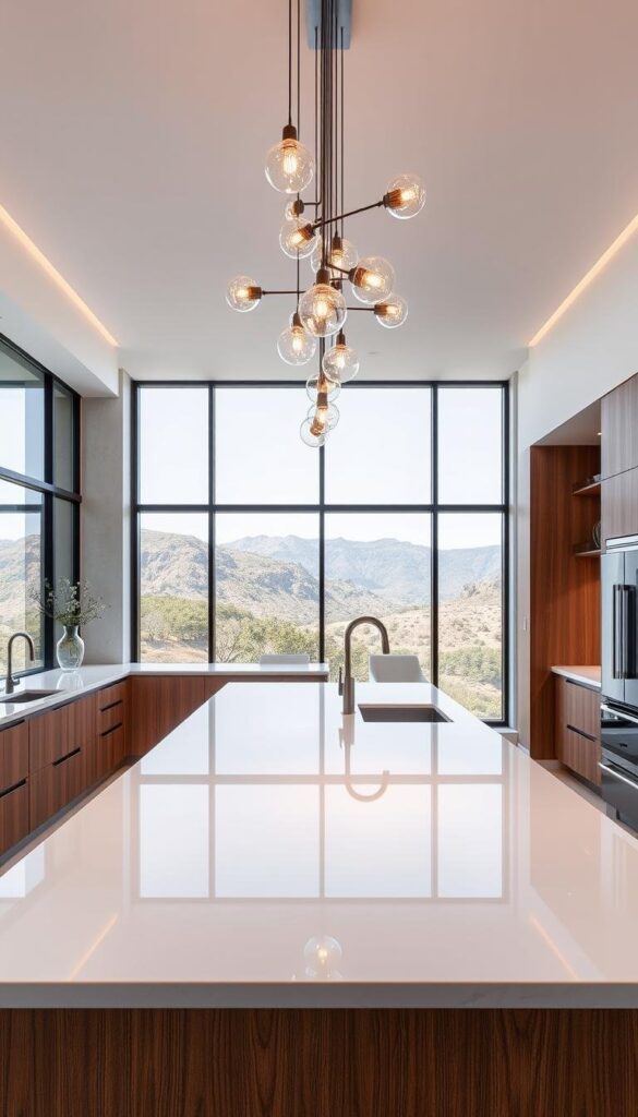 A sleek, modern luxury kitchen interior exuding sophistication and style. The foreground features a large, minimalist island with a smooth, glossy white countertop and elegant wooden cabinetry. Suspended above, a cluster of chic pendant lights cast a warm, ambient glow. The middle ground showcases floor-to-ceiling windows overlooking a picturesque, natural landscape, allowing ample natural light to flood the space. The background highlights a neutral color palette of grays and whites, complemented by touches of metallic accents, such as a gleaming faucet and modern appliances. Overall, the scene conveys a harmonious blend of contemporary design and nature-inspired elements, embodying the latest trends in high-end kitchen interiors. A sleek, modern luxury kitchen interior exuding sophistication and style. The foreground features a large, minimalist island with a smooth, glossy white countertop and elegant wooden cabinetry. Suspended above, a cluster of chic pendant lights cast a warm, ambient glow. The middle ground showcases floor-to-ceiling windows overlooking a picturesque, natural landscape, allowing ample natural light to flood the space. The background highlights a neutral color palette of grays and whites, complemented by touches of metallic accents, such as a gleaming faucet and modern appliances. Overall, the scene conveys a harmonious blend of contemporary design and nature-inspired elements, embodying the latest trends in high-end kitchen interiors.