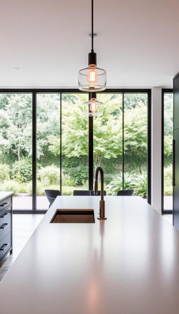 A sophisticated kitchen with timeless elegance. The foreground features a sleek, modern island countertop in a cool gray marble, complemented by matte black cabinetry and hardware. In the middle ground, a pair of pendant lights with a minimalist design cast a warm, ambient glow over the space. The background showcases floor-to-ceiling windows that flood the room with natural light, offering a view of a lush, verdant garden outside. The overall atmosphere exudes a sense of refined sophistication, perfect for a kitchen design that will stand the test of time. A sophisticated kitchen with timeless elegance. The foreground features a sleek, modern island countertop in a cool gray marble, complemented by matte black cabinetry and hardware. In the middle ground, a pair of pendant lights with a minimalist design cast a warm, ambient glow over the space. The background showcases floor-to-ceiling windows that flood the room with natural light, offering a view of a lush, verdant garden outside. The overall atmosphere exudes a sense of refined sophistication, perfect for a kitchen design that will stand the test of time.