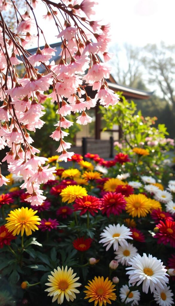 A springtime garden in Japan, bathed in soft, warm sunlight. In the foreground, delicate pink cherry blossoms cascade gracefully, their petals drifting on a gentle breeze. In the middle ground, vibrant chrysanthemums bloom in a riot of colors - bold yellows, deep reds, and pristine whites. The background features a traditional Japanese wooden pavilion, partially obscured by lush foliage. The scene exudes a sense of tranquility and natural harmony, inviting the viewer to pause and appreciate the beauty of these iconic Japanese flowers. A springtime garden in Japan, bathed in soft, warm sunlight. In the foreground, delicate pink cherry blossoms cascade gracefully, their petals drifting on a gentle breeze. In the middle ground, vibrant chrysanthemums bloom in a riot of colors - bold yellows, deep reds, and pristine whites. The background features a traditional Japanese wooden pavilion, partially obscured by lush foliage. The scene exudes a sense of tranquility and natural harmony, inviting the viewer to pause and appreciate the beauty of these iconic Japanese flowers.