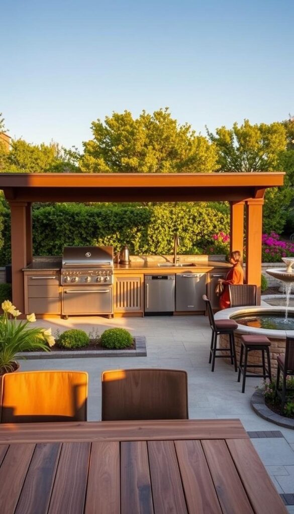 A stunning outdoor kitchen design set against a backdrop of lush greenery. The kitchen features a sleek, modern aesthetic with stainless steel appliances, a large grill, and a spacious countertop for meal preparation. The scene is bathed in warm, golden light, creating a cozy and inviting atmosphere. In the foreground, a wooden dining table with comfortable chairs invites guests to dine alfresco, while in the middle ground, a well-appointed bar area with stools provides a perfect spot for entertaining. The background showcases a meticulously landscaped garden, complete with vibrant flowers and a tranquil water feature, seamlessly blending the kitchen with the surrounding natural beauty. A perfect representation of an outdoor kitchen as a worthy investment for backyard bliss. A stunning outdoor kitchen design set against a backdrop of lush greenery. The kitchen features a sleek, modern aesthetic with stainless steel appliances, a large grill, and a spacious countertop for meal preparation. The scene is bathed in warm, golden light, creating a cozy and inviting atmosphere. In the foreground, a wooden dining table with comfortable chairs invites guests to dine alfresco, while in the middle ground, a well-appointed bar area with stools provides a perfect spot for entertaining. The background showcases a meticulously landscaped garden, complete with vibrant flowers and a tranquil water feature, seamlessly blending the kitchen with the surrounding natural beauty. A perfect representation of an outdoor kitchen as a worthy investment for backyard bliss.