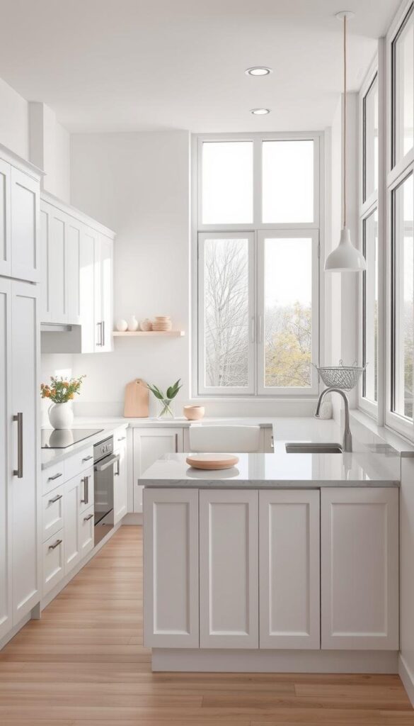 A stylish and airy small kitchen with a light color palette. The space features clean white cabinetry, pale wood accents, and a bright marble countertop. Subtle pops of pastel colors in the accessories add visual interest. Large windows flood the room with natural light, creating an open and welcoming atmosphere. Subtle pendant lighting casts a warm glow over the minimalist design. The layout is efficient, with ample storage and a compact island providing additional workspace. The overall impression is one of understated elegance and effortless functionality. A stylish and airy small kitchen with a light color palette. The space features clean white cabinetry, pale wood accents, and a bright marble countertop. Subtle pops of pastel colors in the accessories add visual interest. Large windows flood the room with natural light, creating an open and welcoming atmosphere. Subtle pendant lighting casts a warm glow over the minimalist design. The layout is efficient, with ample storage and a compact island providing additional workspace. The overall impression is one of understated elegance and effortless functionality.