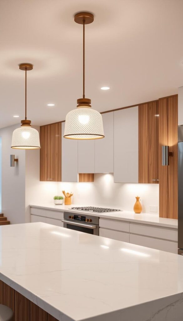 A stylish and functional kitchen with a warm, cozy ambiance. Recessed LED lighting casts a soft glow, complementing the natural wood accents and clean, minimalist design. Pendant lamps with textured glass shades hang above a sleek, marble-topped island, casting a gentle, diffused light. Task lighting under the cabinets illuminates the countertops, while sconces on the walls add depth and visual interest. The overall lighting scheme creates a harmonious balance between form and function, elevating the space with a sense of modern elegance. A stylish and functional kitchen with a warm, cozy ambiance. Recessed LED lighting casts a soft glow, complementing the natural wood accents and clean, minimalist design. Pendant lamps with textured glass shades hang above a sleek, marble-topped island, casting a gentle, diffused light. Task lighting under the cabinets illuminates the countertops, while sconces on the walls add depth and visual interest. The overall lighting scheme creates a harmonious balance between form and function, elevating the space with a sense of modern elegance.