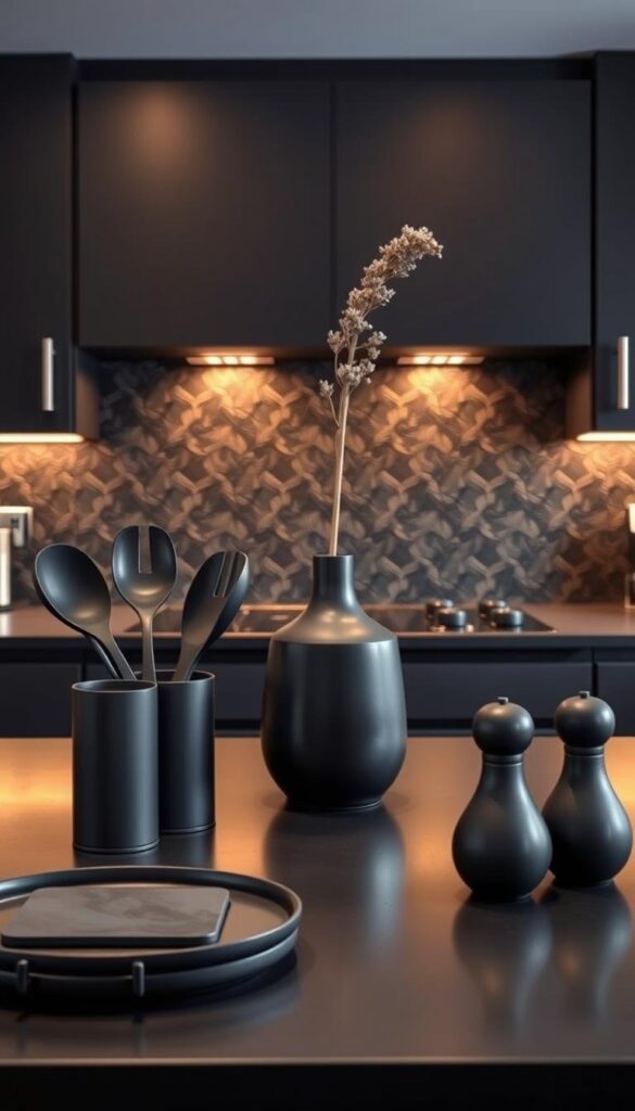 A stylish black kitchen, illuminated by warm, ambient lighting. In the foreground, an array of sleek, matte-black accessories: a minimalist utensil holder, a geometric trivet, and a sculptural salt and pepper set. In the middle ground, a striking black ceramic vase holds a single, dramatic stem. The background features a textured, charcoal-hued backsplash, complemented by dark cabinetry and a matte-black countertop. The overall atmosphere is one of understated elegance and timeless sophistication. A stylish black kitchen, illuminated by warm, ambient lighting. In the foreground, an array of sleek, matte-black accessories: a minimalist utensil holder, a geometric trivet, and a sculptural salt and pepper set. In the middle ground, a striking black ceramic vase holds a single, dramatic stem. The background features a textured, charcoal-hued backsplash, complemented by dark cabinetry and a matte-black countertop. The overall atmosphere is one of understated elegance and timeless sophistication.