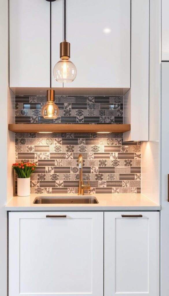 A stylish, modern small kitchen featuring a backsplash that adds visual interest and personality. The kitchen countertop is clutter-free, with a minimalist aesthetic. The backsplash consists of glossy, intricately patterned tiles in shades of gray, white, and metallic accents, creating a sophisticated, eye-catching focal point. Soft, warm lighting from pendant fixtures above the counter illuminates the space, enhancing the overall mood. The kitchen is captured at a slightly elevated angle, showcasing the well-designed layout and attention to detail in the backsplash and cabinetry. The overall impression is one of a functional yet visually striking small kitchen space. A stylish, modern small kitchen featuring a backsplash that adds visual interest and personality. The kitchen countertop is clutter-free, with a minimalist aesthetic. The backsplash consists of glossy, intricately patterned tiles in shades of gray, white, and metallic accents, creating a sophisticated, eye-catching focal point. Soft, warm lighting from pendant fixtures above the counter illuminates the space, enhancing the overall mood. The kitchen is captured at a slightly elevated angle, showcasing the well-designed layout and attention to detail in the backsplash and cabinetry. The overall impression is one of a functional yet visually striking small kitchen space.