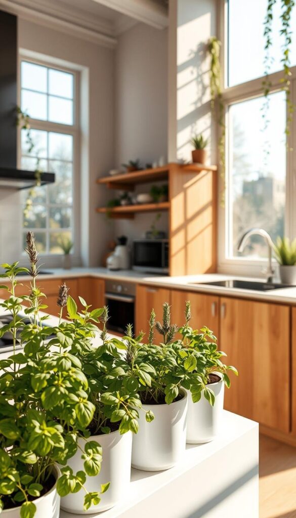 A stylish small kitchen, flooded with warm, natural light from large windows. The foreground features a lush, thriving herb garden on the windowsill, with fragrant basil, rosemary, and lavender plants in sleek ceramic pots. The middle ground showcases a minimalist, wood-and-white kitchen design, with clean lines and modern appliances. In the background, potted succulents and trailing vines cascade from high shelves, adding pops of greenery to the otherwise monochromatic palette. The overall atmosphere is one of freshness, tranquility, and a seamless blend of nature and modern design. A stylish small kitchen, flooded with warm, natural light from large windows. The foreground features a lush, thriving herb garden on the windowsill, with fragrant basil, rosemary, and lavender plants in sleek ceramic pots. The middle ground showcases a minimalist, wood-and-white kitchen design, with clean lines and modern appliances. In the background, potted succulents and trailing vines cascade from high shelves, adding pops of greenery to the otherwise monochromatic palette. The overall atmosphere is one of freshness, tranquility, and a seamless blend of nature and modern design.