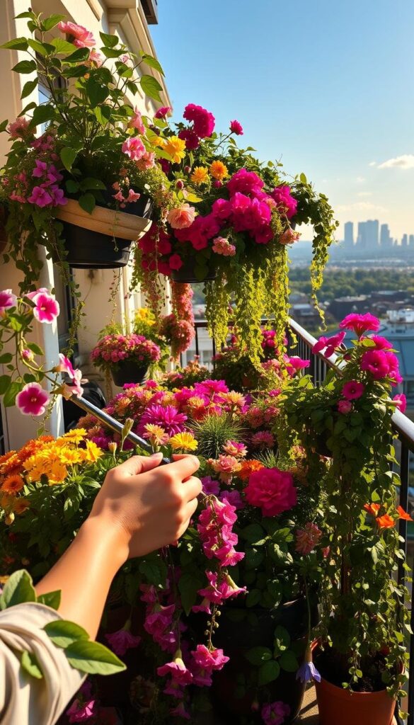 A sun-dappled balcony overflowing with vibrant blooms, a mix of colorful potted flowers and lush trailing vines cascading from hanging baskets. In the foreground, a gardener's hands carefully tending to the plants, pruning and deadheading, while in the background a scenic city skyline provides a picturesque backdrop. The warm, golden light filters through the leaves, casting gentle shadows and highlighting the delicate petals. An atmosphere of peaceful serenity and seasonal bliss, inviting the viewer to bask in the joy of urban gardening. A sun-dappled balcony overflowing with vibrant blooms, a mix of colorful potted flowers and lush trailing vines cascading from hanging baskets. In the foreground, a gardener's hands carefully tending to the plants, pruning and deadheading, while in the background a scenic city skyline provides a picturesque backdrop. The warm, golden light filters through the leaves, casting gentle shadows and highlighting the delicate petals. An atmosphere of peaceful serenity and seasonal bliss, inviting the viewer to bask in the joy of urban gardening.