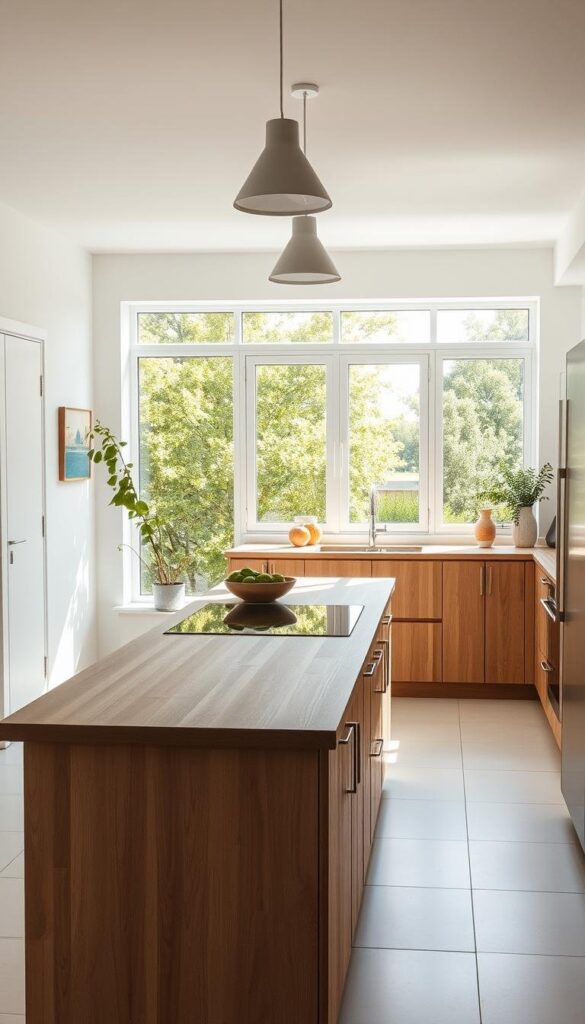 A sunlit, minimalist sustainable kitchen with clean lines, natural materials, and modern eco-friendly appliances. In the foreground, a wooden island with integrated recycling bins and a sleek induction cooktop. A large window in the middle ground offers verdant garden views, while the background showcases pale tile floors, white walls, and pendant lights with simple shades. The overall mood is bright, airy, and serene, reflecting a commitment to environmental responsibility and efficient, mindful living. A sunlit, minimalist sustainable kitchen with clean lines, natural materials, and modern eco-friendly appliances. In the foreground, a wooden island with integrated recycling bins and a sleek induction cooktop. A large window in the middle ground offers verdant garden views, while the background showcases pale tile floors, white walls, and pendant lights with simple shades. The overall mood is bright, airy, and serene, reflecting a commitment to environmental responsibility and efficient, mindful living.