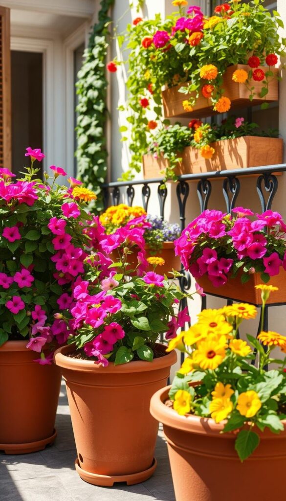 A sunny balcony with a lush display of vibrant flower pots and boxes. In the foreground, terracotta pots brimming with cascading blooms like trailing petunias and fuchsias, each with carefully designed drainage holes to prevent waterlogging. In the middle ground, wooden window boxes overflowing with colorful annuals like marigolds and zinnias, their roots anchored in well-draining potting mix. The background features a wrought-iron railing adorned with hanging baskets of trailing ivy and geraniums, bathed in soft, natural light. An idyllic, inviting outdoor oasis perfect for container gardening on a balcony. A sunny balcony with a lush display of vibrant flower pots and boxes. In the foreground, terracotta pots brimming with cascading blooms like trailing petunias and fuchsias, each with carefully designed drainage holes to prevent waterlogging. In the middle ground, wooden window boxes overflowing with colorful annuals like marigolds and zinnias, their roots anchored in well-draining potting mix. The background features a wrought-iron railing adorned with hanging baskets of trailing ivy and geraniums, bathed in soft, natural light. An idyllic, inviting outdoor oasis perfect for container gardening on a balcony.