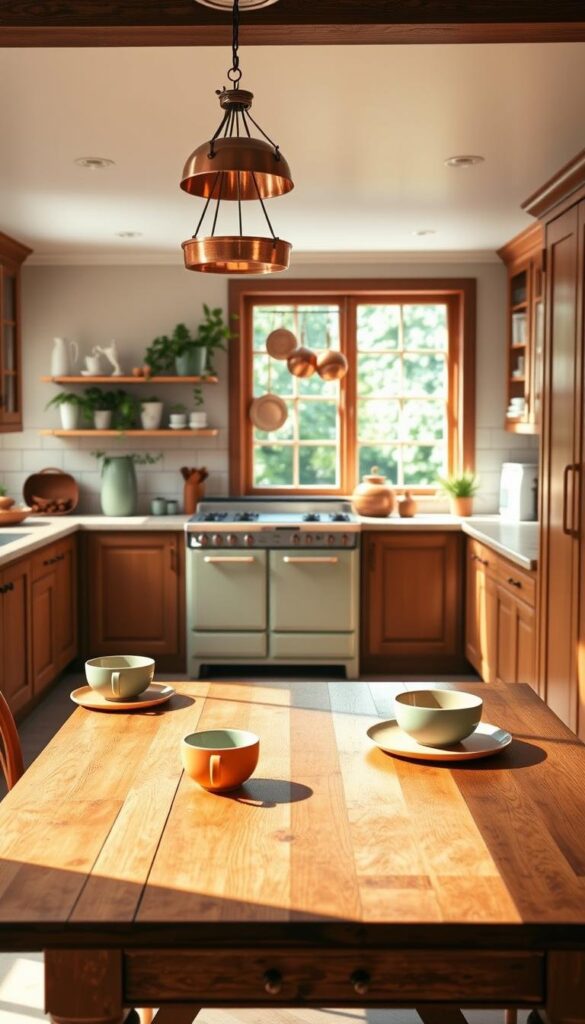 A sunny, well-lit vintage kitchen with classic tiled floors, wood cabinetry, and a timeless color palette of warm, muted tones. In the foreground, a farmhouse-style wooden table is set with retro dinnerware in shades of ochre, sage, and dusty rose. The middle ground features a sleek vintage stove and a hanging copper pot rack, while the background showcases a large window overlooking a lush garden. Soft, diffused lighting casts a cozy, nostalgic atmosphere, highlighting the attention to detail and craftsmanship that embodies the charm of a well-designed, period-inspired kitchen. A sunny, well-lit vintage kitchen with classic tiled floors, wood cabinetry, and a timeless color palette of warm, muted tones. In the foreground, a farmhouse-style wooden table is set with retro dinnerware in shades of ochre, sage, and dusty rose. The middle ground features a sleek vintage stove and a hanging copper pot rack, while the background showcases a large window overlooking a lush garden. Soft, diffused lighting casts a cozy, nostalgic atmosphere, highlighting the attention to detail and craftsmanship that embodies the charm of a well-designed, period-inspired kitchen.