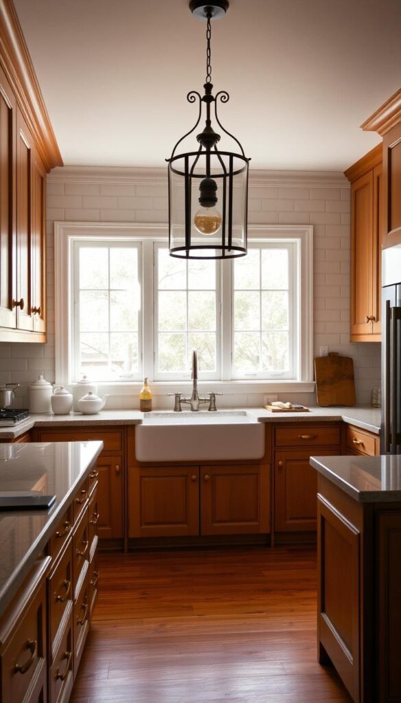 A timeless classic kitchen with gleaming hardwood floors, warm wood cabinetry, and gleaming brass hardware. A large farmhouse sink sits beneath a bank of windows, bathed in soft, natural light. On the countertops, a collection of ceramic canisters, a vintage-inspired tea kettle, and a cutting board with a well-worn patina. The walls are adorned with classic subway tiles in a timeless neutral shade, complementing the overall rustic-modern aesthetic. A wrought-iron pendant light casts a cozy glow over the scene, evoking a sense of enduring elegance and functionality. A timeless classic kitchen with gleaming hardwood floors, warm wood cabinetry, and gleaming brass hardware. A large farmhouse sink sits beneath a bank of windows, bathed in soft, natural light. On the countertops, a collection of ceramic canisters, a vintage-inspired tea kettle, and a cutting board with a well-worn patina. The walls are adorned with classic subway tiles in a timeless neutral shade, complementing the overall rustic-modern aesthetic. A wrought-iron pendant light casts a cozy glow over the scene, evoking a sense of enduring elegance and functionality.