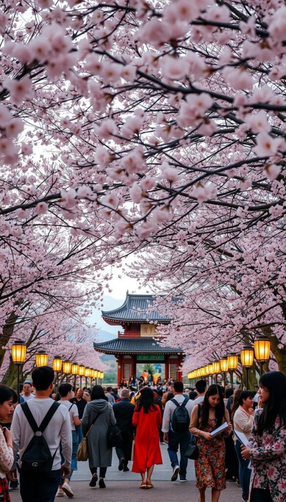 A tranquil Hanami festival unfolds beneath a canopy of delicate cherry blossoms. Softly illuminated lanterns cast a warm glow, their flickering light dancing across the faces of revelers gathered to celebrate the beauty of these fleeting flowers. In the foreground, colorfully dressed visitors stroll leisurely, pausing to admire the sakura petals drifting gently on the breeze. The middle ground reveals a traditional pavilion, its elegant architecture framing the scene, while in the distance, the silhouettes of distant mountains create a serene backdrop. The overall atmosphere evokes a sense of timeless tradition, cultural reverence, and the ephemeral nature of life. A tranquil Hanami festival unfolds beneath a canopy of delicate cherry blossoms. Softly illuminated lanterns cast a warm glow, their flickering light dancing across the faces of revelers gathered to celebrate the beauty of these fleeting flowers. In the foreground, colorfully dressed visitors stroll leisurely, pausing to admire the sakura petals drifting gently on the breeze. The middle ground reveals a traditional pavilion, its elegant architecture framing the scene, while in the distance, the silhouettes of distant mountains create a serene backdrop. The overall atmosphere evokes a sense of timeless tradition, cultural reverence, and the ephemeral nature of life.