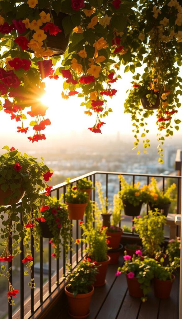 A verdant balcony garden, bathed in warm, golden sunlight filtering through delicate floral blooms. In the foreground, vibrant petals of red and yellow cascading from hanging baskets, their lush foliage spilling over the wrought-iron railing. In the middle ground, a flourishing collection of potted plants - trailing vines, colorful annuals, and fragrant herbs - arranged harmoniously on a wooden deck. The background showcases the breathtaking cityscape beyond, hazy with the soft glow of the evening sky. A sense of tranquility and rejuvenation permeates the scene, highlighting the remarkable benefits of cultivating a flourishing balcony oasis. A verdant balcony garden, bathed in warm, golden sunlight filtering through delicate floral blooms. In the foreground, vibrant petals of red and yellow cascading from hanging baskets, their lush foliage spilling over the wrought-iron railing. In the middle ground, a flourishing collection of potted plants - trailing vines, colorful annuals, and fragrant herbs - arranged harmoniously on a wooden deck. The background showcases the breathtaking cityscape beyond, hazy with the soft glow of the evening sky. A sense of tranquility and rejuvenation permeates the scene, highlighting the remarkable benefits of cultivating a flourishing balcony oasis.