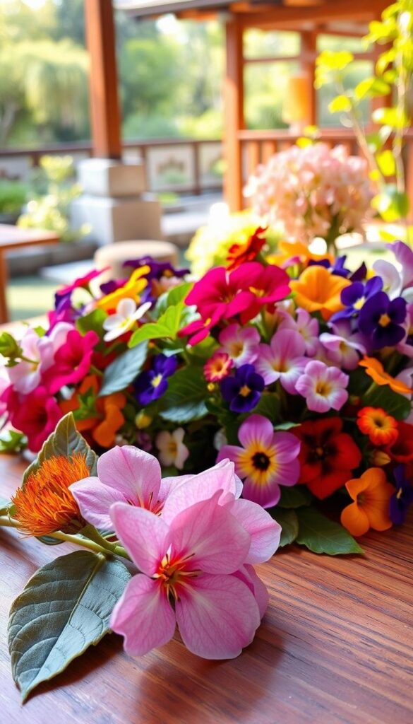 A vibrant array of edible Japanese flowers gracefully adorning a wooden table. In the foreground, delicate sakura blossoms, soft pink petals contrasted against the rich, earthy hues of shiso leaves. The mid-ground showcases a selection of vibrantly colored edible blooms, such as nasturtiums, violets, and pansies, each petal gently illuminated by warm, natural lighting. In the background, a serene Japanese garden backdrop, with lush greenery and a hint of a traditional structure, creating a tranquil, harmonious atmosphere. The overall composition emphasizes the beauty, delicacy, and culinary versatility of these exquisite edible flowers. A vibrant array of edible Japanese flowers gracefully adorning a wooden table. In the foreground, delicate sakura blossoms, soft pink petals contrasted against the rich, earthy hues of shiso leaves. The mid-ground showcases a selection of vibrantly colored edible blooms, such as nasturtiums, violets, and pansies, each petal gently illuminated by warm, natural lighting. In the background, a serene Japanese garden backdrop, with lush greenery and a hint of a traditional structure, creating a tranquil, harmonious atmosphere. The overall composition emphasizes the beauty, delicacy, and culinary versatility of these exquisite edible flowers.