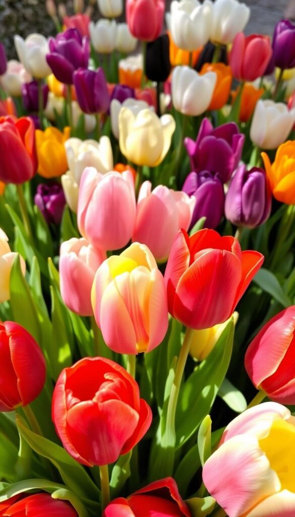 A vibrant bouquet of tulip varieties, showcasing their exquisite blooms in a softly lit, natural setting. In the foreground, a cluster of classic red tulips with their velvety petals unfurling, complemented by pastel pink and yellow tulips in the middle ground. In the background, a mix of tulip cultivars in a spectrum of colors - deep purple, delicate white, and bold orange - create a harmonious floral symphony. The composition is framed by a soft, diffused natural light, casting gentle shadows and highlighting the tulips' intricate textures and shapes. The overall scene evokes a sense of tranquility and the beauty of springtime. A vibrant bouquet of tulip varieties, showcasing their exquisite blooms in a softly lit, natural setting. In the foreground, a cluster of classic red tulips with their velvety petals unfurling, complemented by pastel pink and yellow tulips in the middle ground. In the background, a mix of tulip cultivars in a spectrum of colors - deep purple, delicate white, and bold orange - create a harmonious floral symphony. The composition is framed by a soft, diffused natural light, casting gentle shadows and highlighting the tulips' intricate textures and shapes. The overall scene evokes a sense of tranquility and the beauty of springtime.