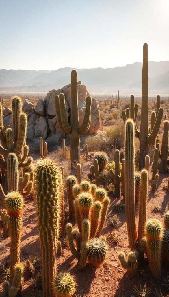 A vibrant desert landscape, bathed in warm, golden sunlight. In the foreground, a diverse array of cacti stand tall and proud, their intricate textures and shapes casting delicate shadows across the sun-baked sand. Barrel cacti, prickly pears, and towering saguaros intermingle, creating a captivating visual tapestry. The middle ground features rugged, weathered rock formations, their sharp edges softened by the hazy atmosphere. In the background, distant mountains rise up, their silhouettes fading into the horizon, creating a sense of depth and scale. The overall mood is one of tranquility and resilience, reflecting the hardy nature of these remarkable succulents. A wide, shallow depth of field draws the viewer's eye to the striking details of the cacti, inviting closer inspection. A vibrant desert landscape, bathed in warm, golden sunlight. In the foreground, a diverse array of cacti stand tall and proud, their intricate textures and shapes casting delicate shadows across the sun-baked sand. Barrel cacti, prickly pears, and towering saguaros intermingle, creating a captivating visual tapestry. The middle ground features rugged, weathered rock formations, their sharp edges softened by the hazy atmosphere. In the background, distant mountains rise up, their silhouettes fading into the horizon, creating a sense of depth and scale. The overall mood is one of tranquility and resilience, reflecting the hardy nature of these remarkable succulents. A wide, shallow depth of field draws the viewer's eye to the striking details of the cacti, inviting closer inspection.