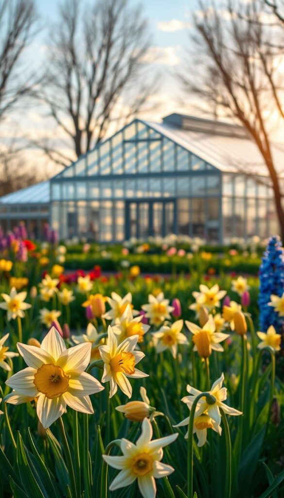 A vibrant field of blooming April flowers, alive with the energy of the season. In the foreground, delicate petals of daffodils, tulips, and hyacinths sway gently in a soft breeze. The middle ground features lush greenery and carefully cultivated flower beds, showcasing the scientific expertise behind their cultivation. In the background, a modern research greenhouse stands, its glass structure reflecting the sky above. Warm, golden light filters through, illuminating the scene with a sense of wonder and discovery. The overall atmosphere evokes the beauty, vitality, and scientific curiosity that define the special charm of April's seasonal flowers. A vibrant field of blooming April flowers, alive with the energy of the season. In the foreground, delicate petals of daffodils, tulips, and hyacinths sway gently in a soft breeze. The middle ground features lush greenery and carefully cultivated flower beds, showcasing the scientific expertise behind their cultivation. In the background, a modern research greenhouse stands, its glass structure reflecting the sky above. Warm, golden light filters through, illuminating the scene with a sense of wonder and discovery. The overall atmosphere evokes the beauty, vitality, and scientific curiosity that define the special charm of April's seasonal flowers.