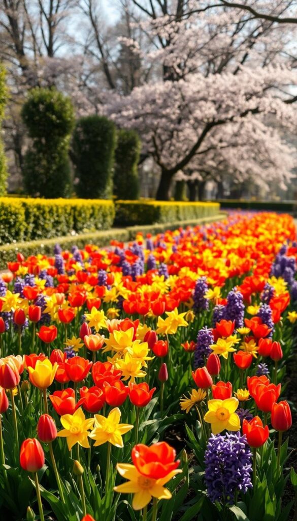A vibrant garden bursting with the colors of spring. In the foreground, a lush bed of blooming tulips, daffodils, and hyacinths in shades of red, yellow, and purple. In the middle ground, rows of neatly trimmed hedges frame the scene, their fresh green leaves shimmering in the warm sunlight. Beyond, a backdrop of tall trees with delicate pink and white blossoms, creating a soft, dreamlike atmosphere. The overall composition is striking and balanced, with a sense of natural harmony and vitality. Captured with a wide-angle lens and soft, diffused lighting to accentuate the garden's natural beauty. A vibrant garden bursting with the colors of spring. In the foreground, a lush bed of blooming tulips, daffodils, and hyacinths in shades of red, yellow, and purple. In the middle ground, rows of neatly trimmed hedges frame the scene, their fresh green leaves shimmering in the warm sunlight. Beyond, a backdrop of tall trees with delicate pink and white blossoms, creating a soft, dreamlike atmosphere. The overall composition is striking and balanced, with a sense of natural harmony and vitality. Captured with a wide-angle lens and soft, diffused lighting to accentuate the garden's natural beauty.