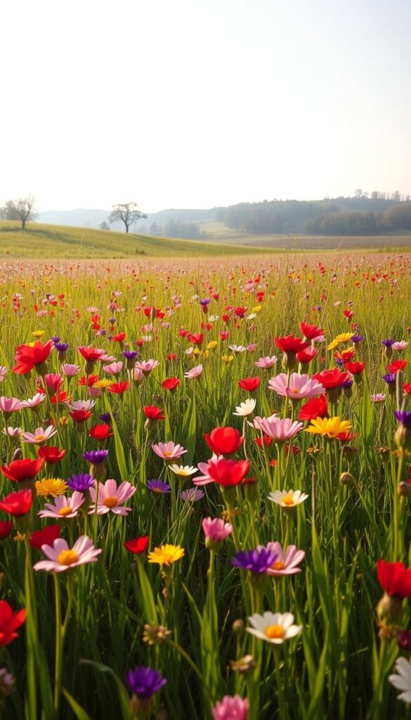 A vibrant meadow bursting with blooming wildflowers, bathed in the warm glow of the spring sun. In the foreground, a lush carpet of colorful petals - vibrant reds, delicate pinks, sunny yellows, and rich purples. Gently swaying grasses provide a soft, textured backdrop, leading the eye towards the distant tree line and rolling hills. Soft, diffused lighting casts a natural, dreamy atmosphere, highlighting the intricate details of the flowers. A wide-angle lens captures the expansive scene, inviting the viewer to immerse themselves in this verdant, serene landscape - a celebration of nature's vibrant spring palette. A vibrant meadow bursting with blooming wildflowers, bathed in the warm glow of the spring sun. In the foreground, a lush carpet of colorful petals - vibrant reds, delicate pinks, sunny yellows, and rich purples. Gently swaying grasses provide a soft, textured backdrop, leading the eye towards the distant tree line and rolling hills. Soft, diffused lighting casts a natural, dreamy atmosphere, highlighting the intricate details of the flowers. A wide-angle lens captures the expansive scene, inviting the viewer to immerse themselves in this verdant, serene landscape - a celebration of nature's vibrant spring palette.
