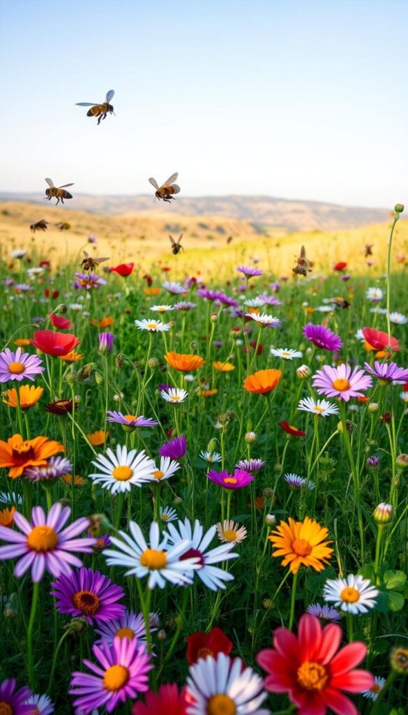 A vibrant meadow filled with blooming wildflowers, their petals bursting with rich colors and delicate textures. In the foreground, bees, butterflies, and other pollinators dart from blossom to blossom, their wings a blur as they collect nectar and spread pollen. The middle ground features a diverse array of wildflowers, including daisies, poppies, and clover, their stems swaying gently in a warm spring breeze. In the background, a rolling landscape with distant hills and a clear blue sky, bathed in soft, natural lighting that casts a warm, golden glow over the entire scene. A vibrant meadow filled with blooming wildflowers, their petals bursting with rich colors and delicate textures. In the foreground, bees, butterflies, and other pollinators dart from blossom to blossom, their wings a blur as they collect nectar and spread pollen. The middle ground features a diverse array of wildflowers, including daisies, poppies, and clover, their stems swaying gently in a warm spring breeze. In the background, a rolling landscape with distant hills and a clear blue sky, bathed in soft, natural lighting that casts a warm, golden glow over the entire scene.