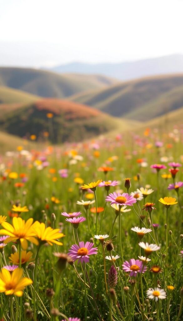 A vibrant meadow of native wildflowers in warm afternoon sunlight, with a soft focus on the colorful blooms in the foreground. The middle ground features rolling hills dotted with more flowers, while the background fades into a hazy horizon. The scene conveys a sense of tranquility and the importance of preserving these natural spaces. The lighting is diffused and gentle, highlighting the delicate petals and creating a serene, contemplative atmosphere. Shot with a wide-angle lens to capture the expansive landscape, this image emphasizes the beauty and value of native wildflower conservation. A vibrant meadow of native wildflowers in warm afternoon sunlight, with a soft focus on the colorful blooms in the foreground. The middle ground features rolling hills dotted with more flowers, while the background fades into a hazy horizon. The scene conveys a sense of tranquility and the importance of preserving these natural spaces. The lighting is diffused and gentle, highlighting the delicate petals and creating a serene, contemplative atmosphere. Shot with a wide-angle lens to capture the expansive landscape, this image emphasizes the beauty and value of native wildflower conservation.