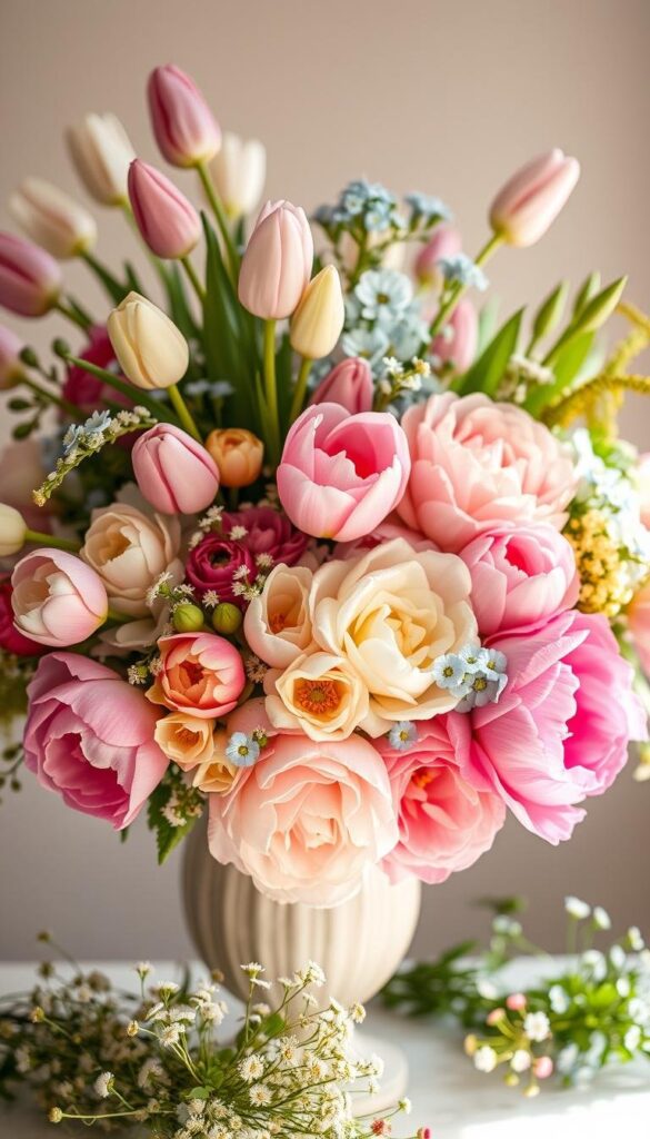 A vibrant spring flower arrangement, meticulously crafted with an array of seasonal blooms. In the foreground, an elegant vase overflows with a lush bouquet of delicate tulips, fragrant peonies, and delicate forget-me-nots in hues of pink, white, and soft blue. The middle ground features a scattering of freshly picked wildflowers, adding a natural, whimsical touch. Soft, diffused lighting casts a warm, golden glow, highlighting the arrangement's texture and depth. The background is a serene, blurred backdrop, allowing the flowers to take center stage. The overall composition evokes a sense of springtime rejuvenation and the beauty of nature's transient yet captivating gifts. A vibrant spring flower arrangement, meticulously crafted with an array of seasonal blooms. In the foreground, an elegant vase overflows with a lush bouquet of delicate tulips, fragrant peonies, and delicate forget-me-nots in hues of pink, white, and soft blue. The middle ground features a scattering of freshly picked wildflowers, adding a natural, whimsical touch. Soft, diffused lighting casts a warm, golden glow, highlighting the arrangement's texture and depth. The background is a serene, blurred backdrop, allowing the flowers to take center stage. The overall composition evokes a sense of springtime rejuvenation and the beauty of nature's transient yet captivating gifts.