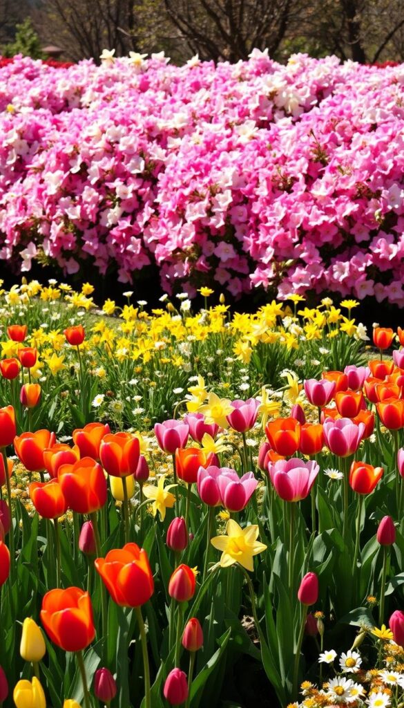 A vibrant spring garden, bursting with blooming flowers in a variety of colors. In the foreground, rows of lush tulips in vivid reds, yellows, and purples sway gently in a soft breeze. In the middle ground, clusters of delicate daffodils and cheerful daisies dot the landscape. In the background, a riot of azalea bushes in shades of pink and white frame the scene, their petals dancing in the sunlight. The overall mood is one of warmth, vitality, and the joyful renewal of the spring season. Captured with a wide-angle lens to showcase the depth and breadth of this bountiful floral display. A vibrant spring garden, bursting with blooming flowers in a variety of colors. In the foreground, rows of lush tulips in vivid reds, yellows, and purples sway gently in a soft breeze. In the middle ground, clusters of delicate daffodils and cheerful daisies dot the landscape. In the background, a riot of azalea bushes in shades of pink and white frame the scene, their petals dancing in the sunlight. The overall mood is one of warmth, vitality, and the joyful renewal of the spring season. Captured with a wide-angle lens to showcase the depth and breadth of this bountiful floral display.