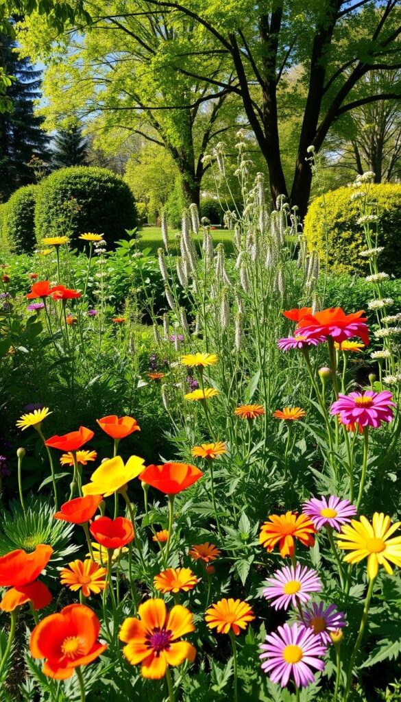 A vibrant spring garden, sunlight filtering through lush foliage. In the foreground, a variety of annual flowers in bloom - bright poppies, delicate pansies, and cheerful marigolds. In the middle ground, perennial plants stand tall and proud, their verdant leaves and subtle blossoms contrasting with the annuals. The background features a harmonious blend of mature trees and shrubs, casting gentle shadows across the scene. The overall composition conveys a sense of balance, vitality, and the cyclical nature of plant life. Captured with a wide-angle lens, this scene invites the viewer to immerse themselves in the tranquil beauty of the springtime garden. A vibrant spring garden, sunlight filtering through lush foliage. In the foreground, a variety of annual flowers in bloom - bright poppies, delicate pansies, and cheerful marigolds. In the middle ground, perennial plants stand tall and proud, their verdant leaves and subtle blossoms contrasting with the annuals. The background features a harmonious blend of mature trees and shrubs, casting gentle shadows across the scene. The overall composition conveys a sense of balance, vitality, and the cyclical nature of plant life. Captured with a wide-angle lens, this scene invites the viewer to immerse themselves in the tranquil beauty of the springtime garden.